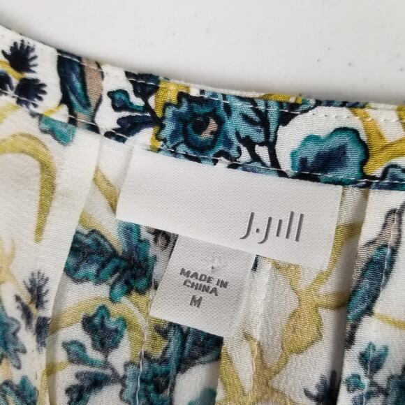 J Jill Blue White Yellow Floral Birds Long Sleeve Blouse Top Pearlized Buttons M - Picture 4 of 5